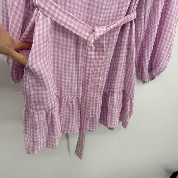 FRNCH Paris Purple White Check Gingham Ruffle Button Waist Tie Mini Dress Small - Picture 7 of 10